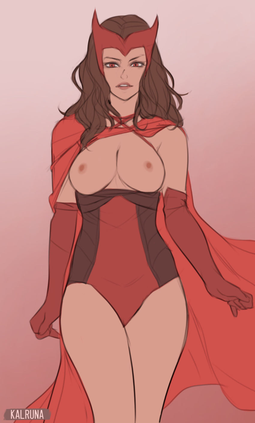 breasts breasts_out brown_hair cape kalruna leotard long_hair marvel marvel_cinematic_universe marvel_comics red_eyes scarlet_witch wanda_maximoff wandavision