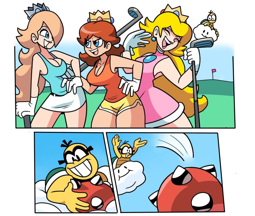 3girls armpits ass_expansion bare_shoulders big_breasts breast_expansion breasts comic female hand_on_hip height_change height_reduction hips lakitu large_breasts mario_(series) mario_golf nintendo princess_daisy princess_peach princess_rosalina sequence shortstack shortstackification superspoe thick thick_thighs thighs transformation wide_hips