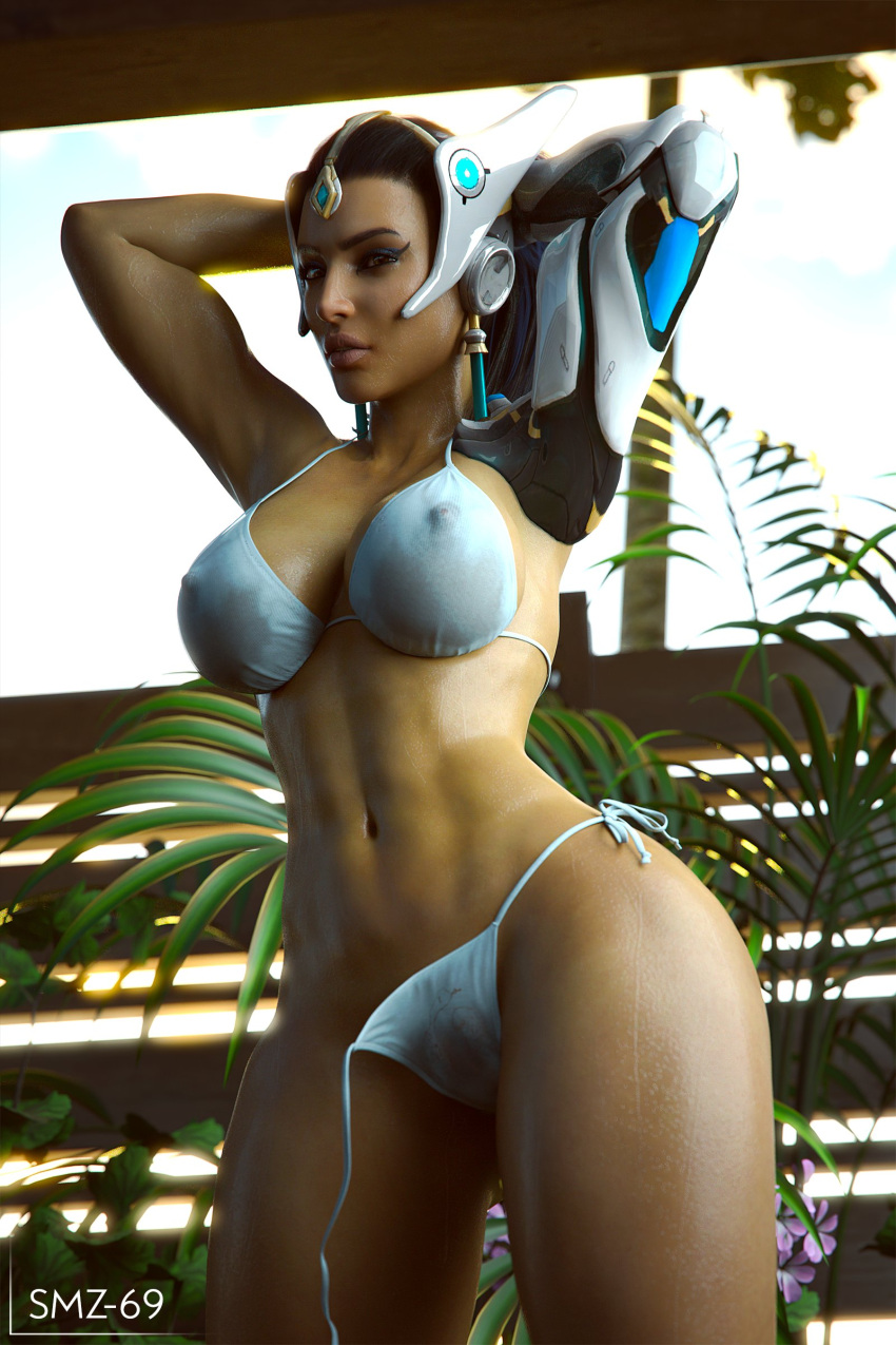 1girls 3d bikini bikini_aside bikini_bottom bikini_top blizzard_entertainment breasts dark-skinned_female dark_skin earrings female female_only indian long_hair looking_at_viewer mechanical_arm mechanical_hand mechanical_limb navel no_eyewear overwatch prosthetic prosthetic_arm prosthetic_hand prosthetic_limb sci-fi science_fiction scifi smz-69 solo solo_female symmetra