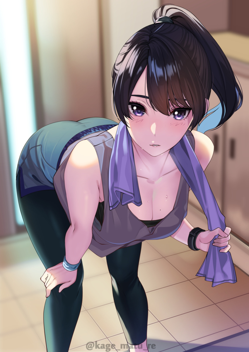 1girls black_hair blush cleavage female hair_between_eyes highres indoors kagematsuri leaning_forward leggings looking_at_viewer mole_on_breast original ponytail purple_eyes sports_bra sweat towel yoga_pants