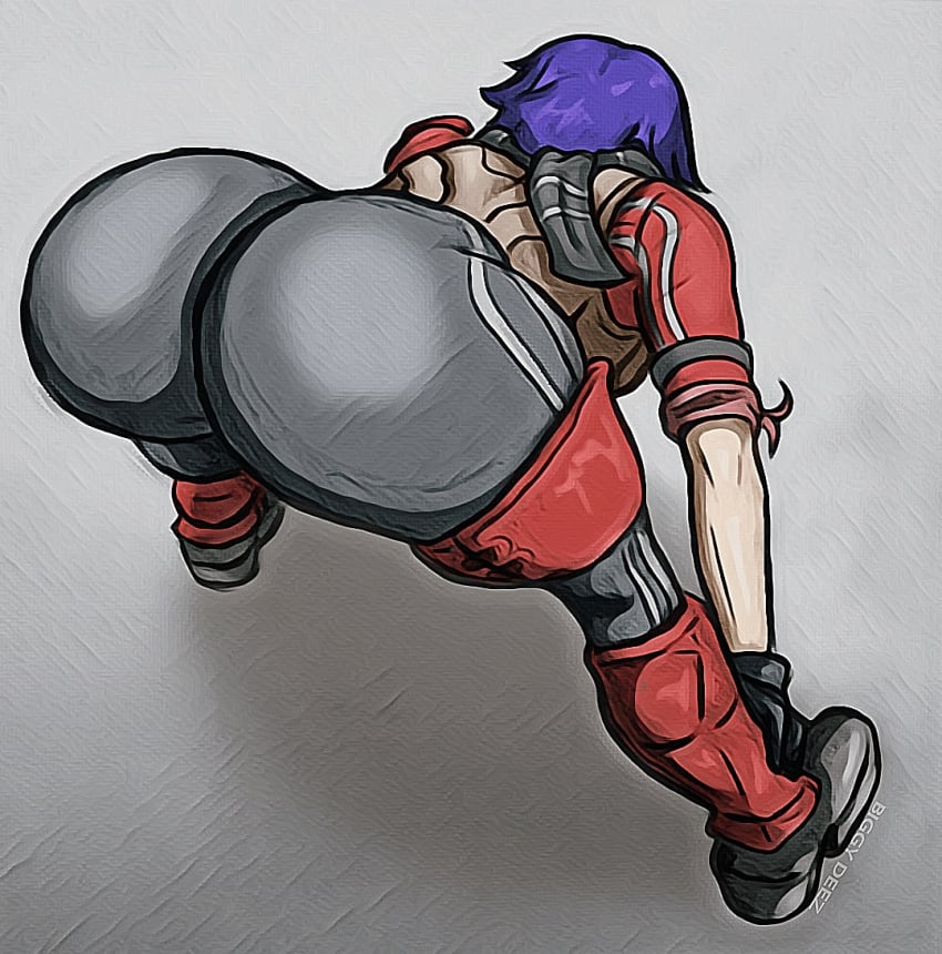 ass athena athena_(borderlands) bent_over big_ass biggy_deez blue_hair borderlands borderlands_the_presequel clothed fat_ass purple_hair traditional_media_(artwork) white_female