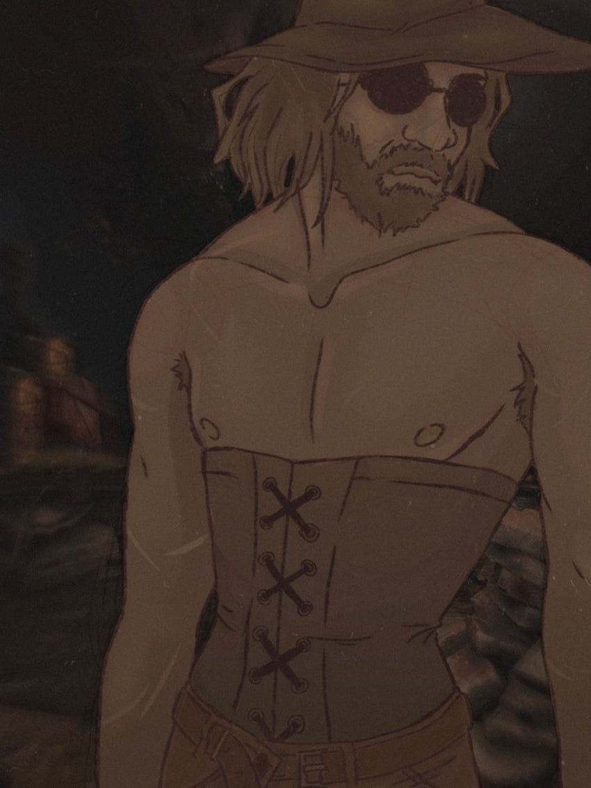 clothing corset dilf feminization gilf glasses karl_heisenberg male man_boobs resident_evil resident_evil_8:_village shirtless shirtless_(male) solo solo_focus solo_male