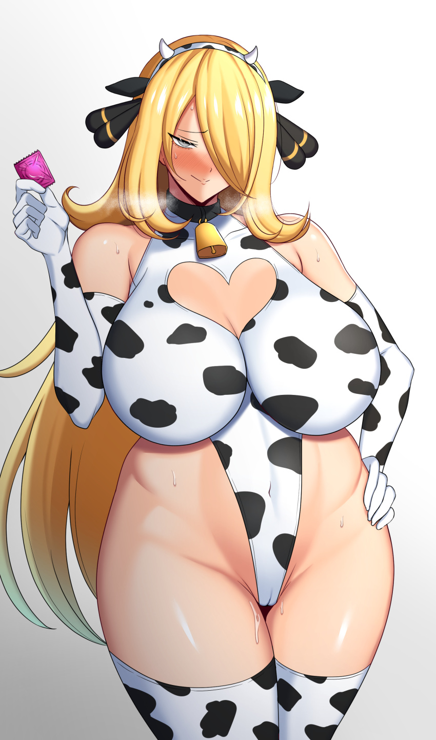 1girls absurd_res big_breasts blush breasts condom cow_bikini cow_ears cow_horns cow_print curvy_figure cynthia_(pokemon) eye_contact female genital_fluids gloves grey_eyes hair_ornament half-closed_eyes heavy_breathing high_resolution holding_condom huge_breasts long_hair looking_at_viewer looking_pleasured mature_female nintendo pokemon pokemon_dppt solo standing sweat tanaken thick_thighs thighhighs voluptuous wide_hips