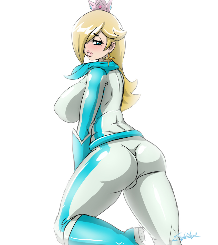 1girls ass back_view blonde_hair blue_eyes blush bodysuit boots clothed crown earrings female female_only fishywishy hair_over_one_eye large_breasts looking_at_viewer looking_back mario_(series) mario_kart princess_rosalina scarf skin_tight smile solo thick_lips white_background