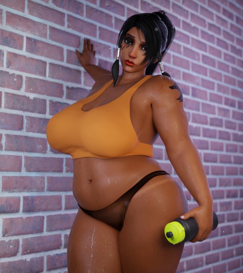 3d 3d_(artwork) big_ass blender chubby chubby_female dark-skinned_female dark_skin fat fat_thighs overwatch pharah plaguefatty plaguejesus self_upload solo source_filmmaker sportswear thick_thighs weight_gain wet wet_clothes wet_panties wet_skin