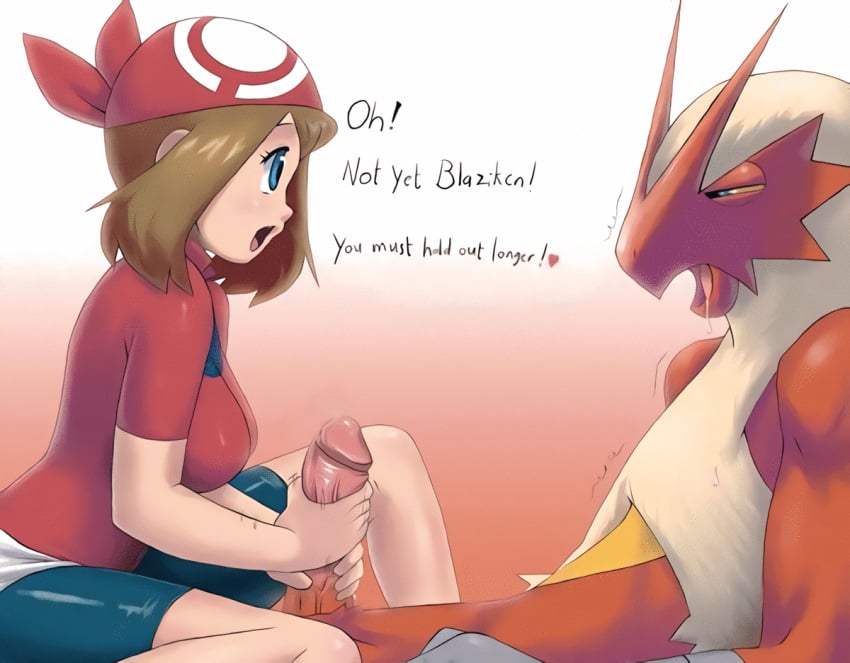 1boy 1boy1girl 1girls animated anthro_on_human apostle blaziken blinking blue_eyes breasts brown_hair clothed clothing english_text female female_human femdom handjob human male/female male_blaziken male_pokemon male_pokemon/female_human malesub may_(pokemon) orgasm_denial poképhilia pokemon pokemon_(species) pokemon_rse pokephilia precum saliva saliva_drip salivating tease teasing tekoki two-handed_handjob upscaled