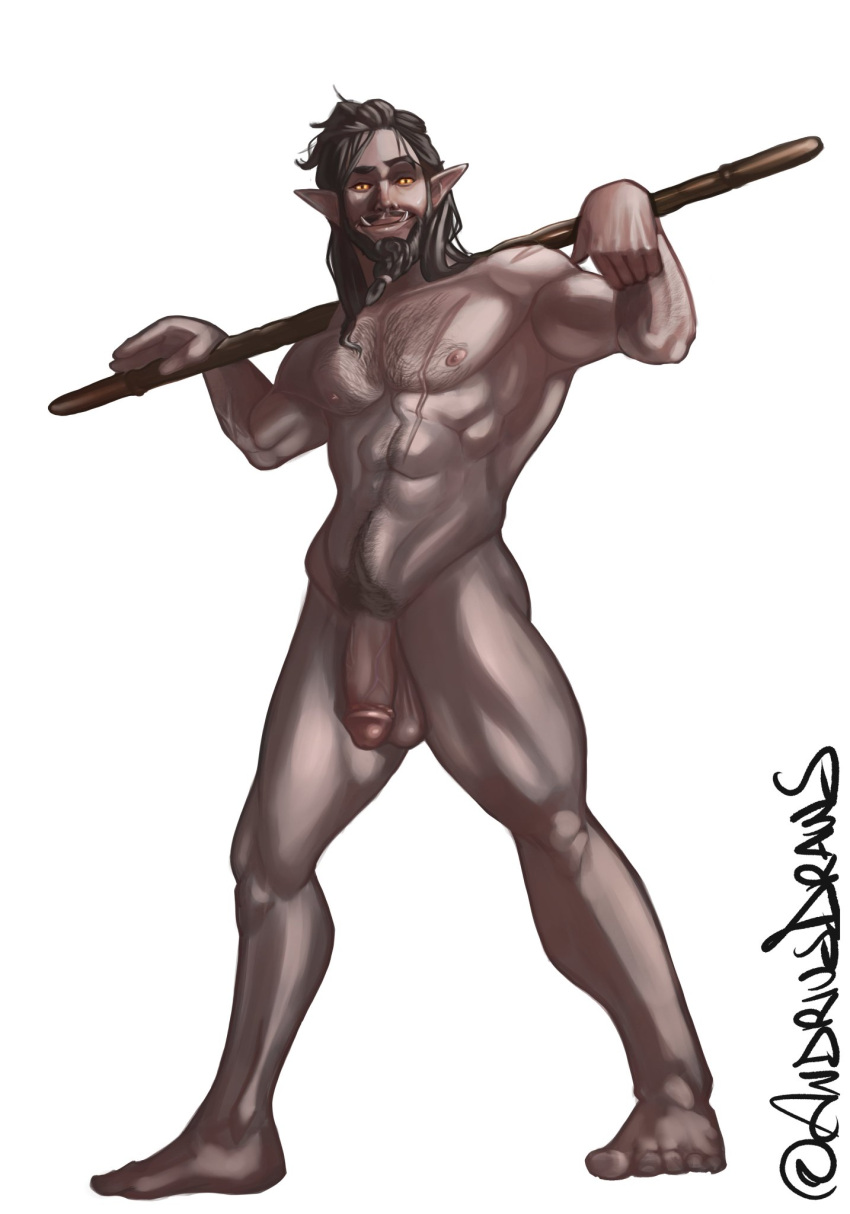 1boy abs andriusdraws beard black_hair body_hair braided_beard dangling_testicles dark-skinned_male dark_skin facial_hair fantasy flaccid_penis foreskin half-orc humanoid humanoid_penis intact long_hair_male low_hanging_balls male male_nipples male_only male_pubic_hair masculine muscles muscular_male nude_male orc orc_male pecs penis pointy_ears red_sclera retracted_foreskin scars smiling solo staff tusks twitter_user_oc uncut unnamed_character veiny_penis yellow_eyes