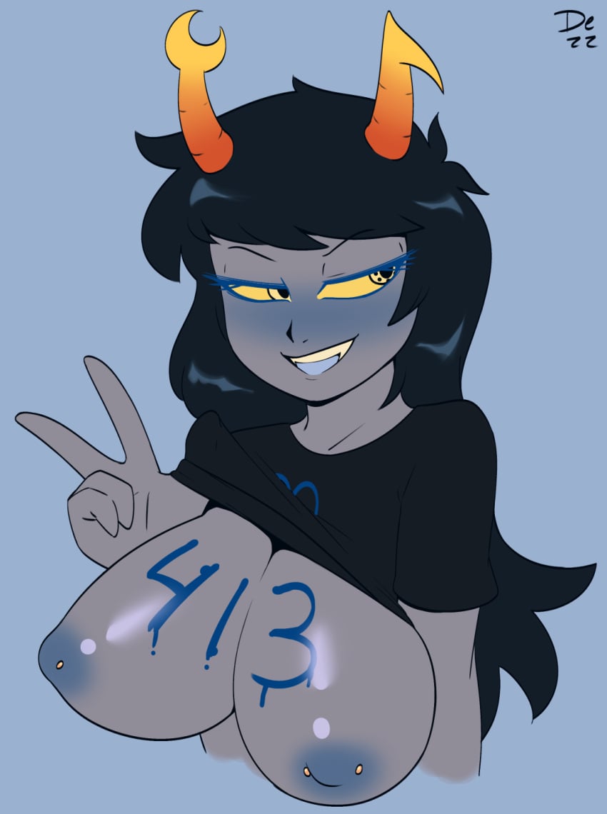 1girls 2019 blue_background blue_eyeliner blue_hair blue_nipples blush body_writing breasts dezz female grey_skin homestuck horns long_hair ms_paint_adventures open_mouth pierced_nipples shirt_lift solo troll v vriska_serket yellow_eyes yellow_sclera