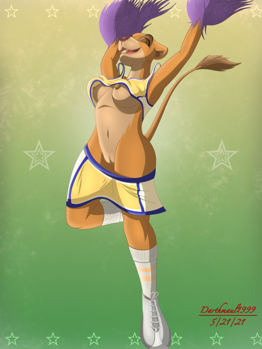 2021 absurd_res alpha_rain anthro baggy_clothing breasts cheerleader clothing disney felid female genitals hi_res kiara lion mammal nipples pantherine pom_poms pussy solo the_lion_king wardrobe_malfunction