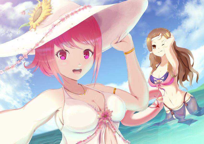 2girls ;) absurdres alternate_costume bikini breasts brown_eyes brown_hair cleavage fire_emblem fire_emblem_fates flower hana_(fire_emblem) hat highres huge_filesize innertube keldancon long_hair looking_at_viewer medium_breasts multiple_girls nintendo ocean one_eye_closed open_mouth pelvic_curtain pink_eyes pink_hair reaching_out sakura_(fire_emblem) selfie short_hair smile sun_hat sunflower swimsuit water