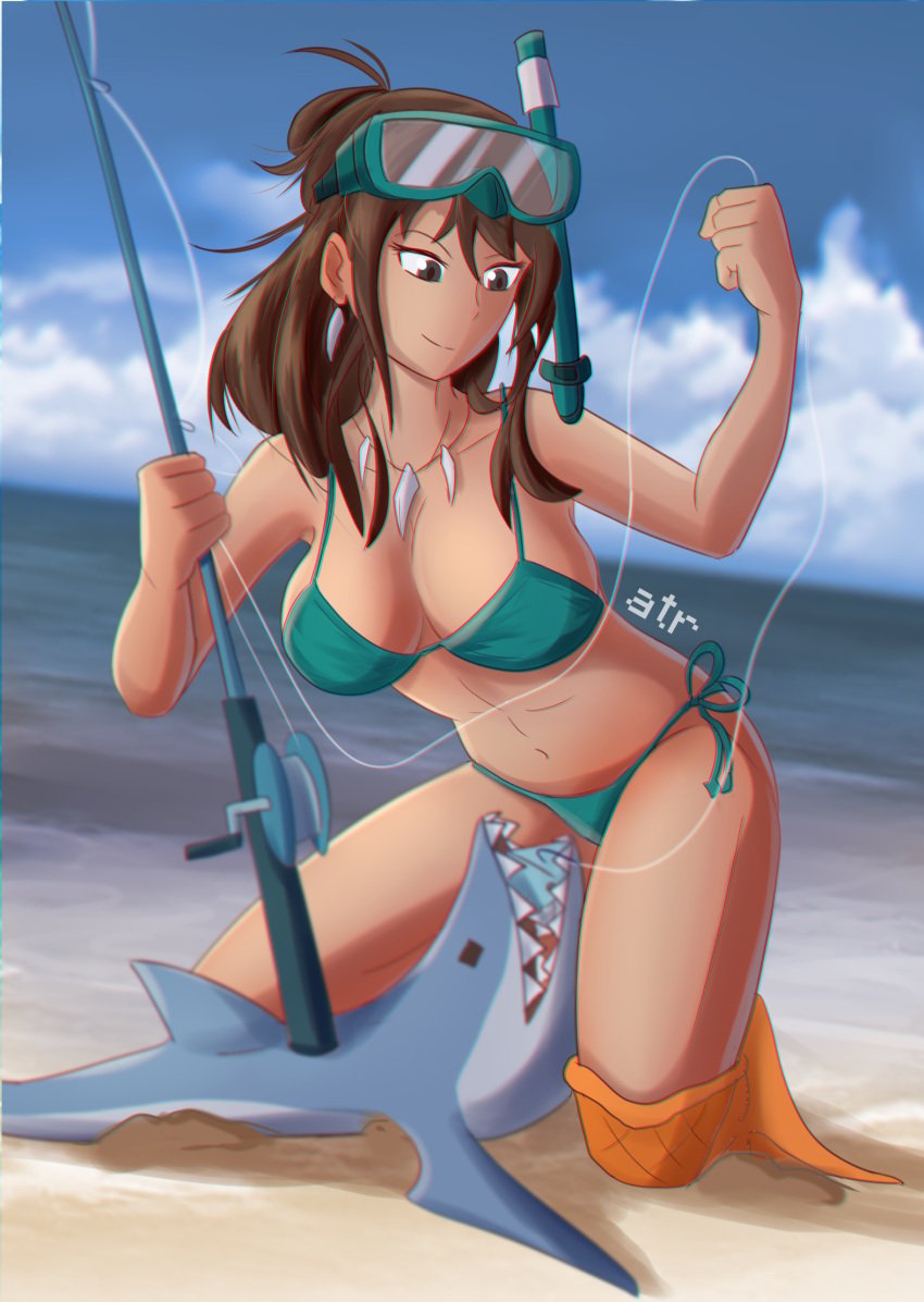 1girls atr beach bikini brown_hair fishing_rod goggles_on_head hi_res hypixel hypixel_skyblock marina_(hypixel_skyblock) shark shark_tooth_necklace smile solo_female