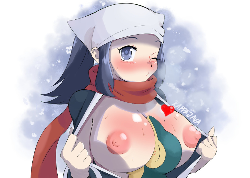 akari_(pokemon) alternate_breast_size big_breasts blue_eyes blue_hair blush breast_blush cyndaquil face_between_breasts female_protagonist flashing heart kappajava large_areolae large_breasts nipples open_shirt pokemon pokemon_legends:_arceus scarf shiny_breasts simple_background snow steam sweat warm white_headwear wink