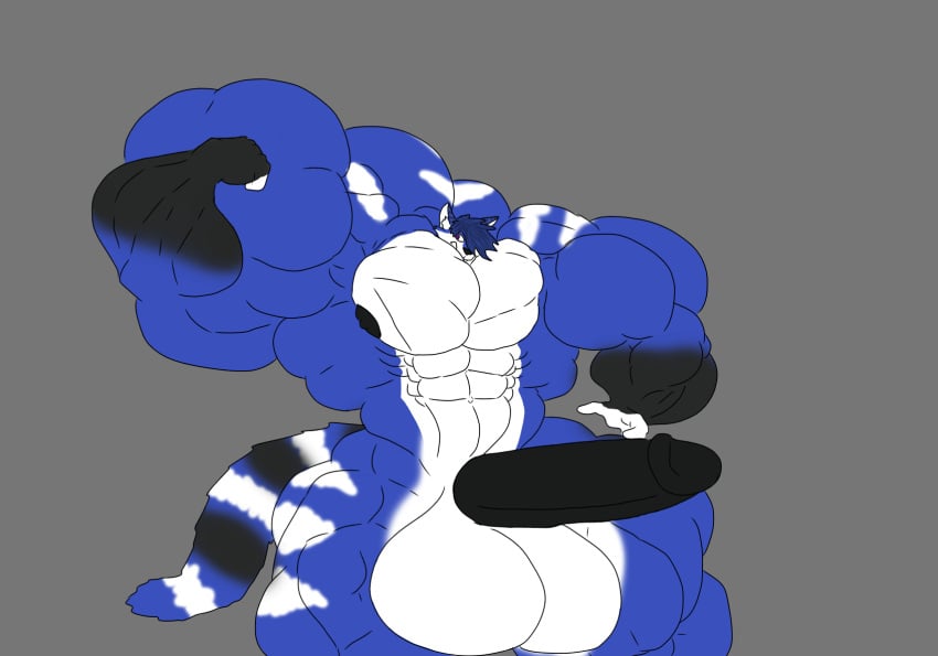 2021 abs anthro balls big_balls big_muscles big_penis blue_body blue_fur blue_hair digital_media_(artwork) felid feline flexing flexing_bicep fur genitals growth hair hi_res huge_balls huge_cock huge_muscles hyper hyper_muscle_growth hyper_muscles inflamusgrow lynx male male/male mammal muro_(character) muscle_growth muscular pecs penis purple_eyes smile solo thick_thighs uneven_growth