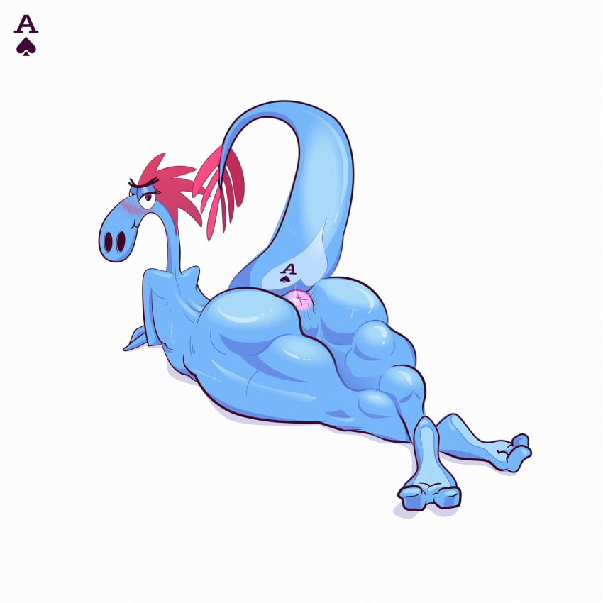 2_toes ace_of_spades alien alien_girl anthro anus ass bedroom_eyes big_anus big_butt big_thighs blue_body blue_skin blush disney feet female hi_res jackofak long_tail looking_at_viewer looking_back muscular_female muscular_thighs narrowed_eyes nude on_front on_stomach raised_tail red_hair seductive simple_background smile soles solo sylvia_(wander_over_yonder) tattoo thick_thighs toes wander_over_yonder white_background wide_hips zbornak