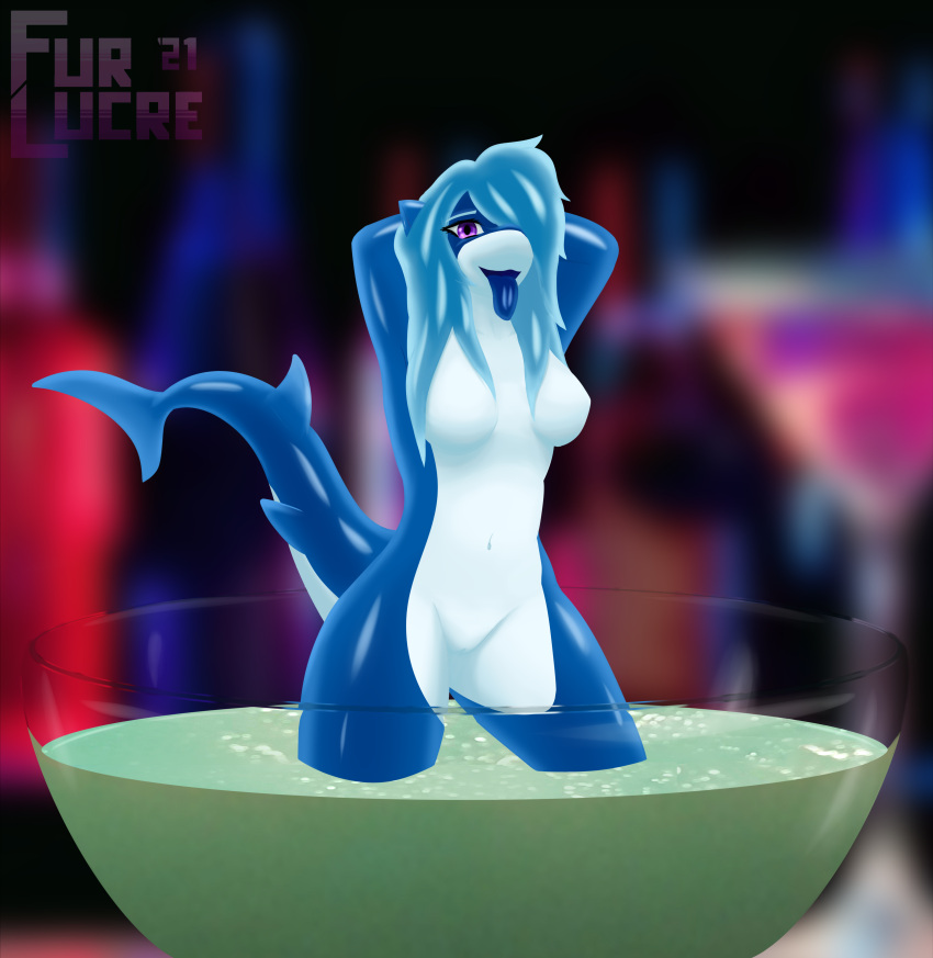 absurd_res anthro ass bedroom_eyes belly beverage big_butt blue_hair breasts candy curvy_figure dessert detailed_background eyebrows eyelashes female fish food front_view fur-lucre genitals goo_creature gummy_(disambiguation) gummy_(food) gummy_shark hair hi_res humanoid_genitalia invalid_tag looking_at_viewer marine narrowed_eyes navel non-mammal_breasts nude open_mouth purple_eyes pussy seductive shaded shark shark_gummy signature smile solo standing thick_tail thick_thighs tongue tongue_out wide_hips