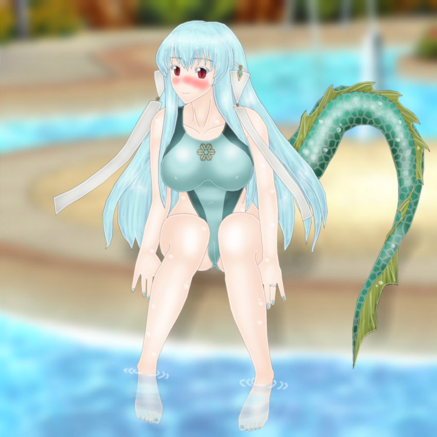 1girls alternate_costume barefoot blue_hair blue_nails blush collarbone dragon_tail fire_emblem fire_emblem:_the_blazing_blade itsukiru large_breasts long_hair looking_at_viewer nail_polish ninian_(fire_emblem) nintendo nipple_bulge one-piece_swimsuit partially_submerged pool red_eyes ring sitting smile solo solo_female swimsuit tail vaguekatti wet