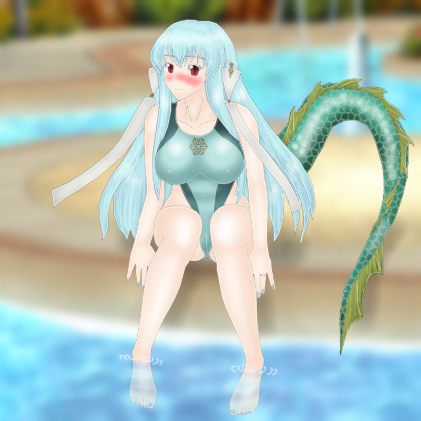 1girls alternate_costume barefoot blue_hair blue_nails blush collarbone dragon_tail fire_emblem fire_emblem:_the_blazing_blade itsukiru large_breasts long_hair looking_at_viewer nail_polish ninian_(fire_emblem) nintendo nipple_bulge one-piece_swimsuit partially_submerged pool red_eyes ring sitting smile solo solo_female swimsuit tail vaguekatti