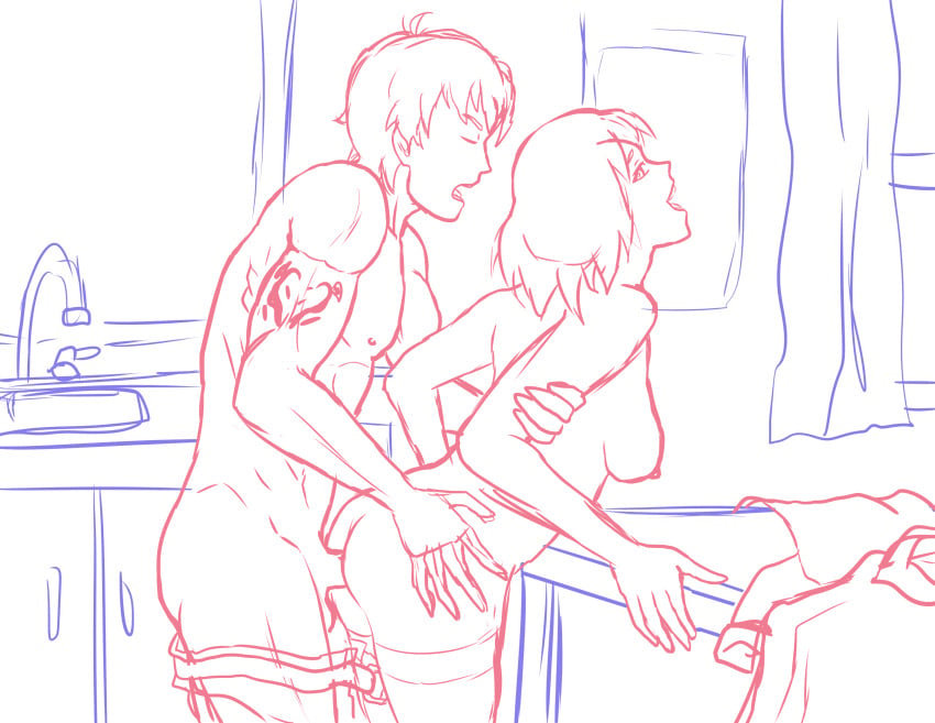 1boy 1girls arm_tattoo athletic_female canon_couple canonical_sex eunnie eunnieverse happy_sex kitchen kitchen_sink muscular muscular_male red_and_white romantic_couple rwby sketch summer_rose table table_sex taiyang_xiao_long taken_from_behind