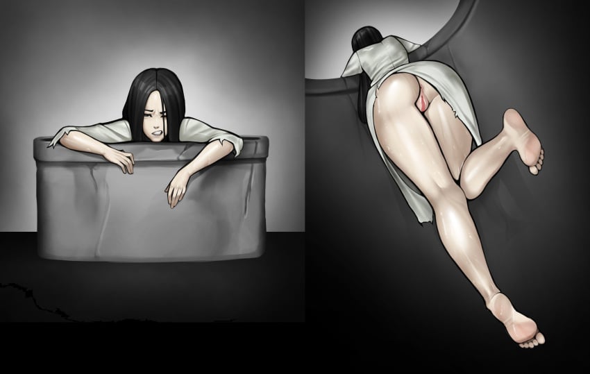 1girls anus ass barefoot black_hair clenched_teeth climbing dress feet female female_only legs long_hair loodncrood multiple_angles no_panties one_eye_closed pale_skin pussy soles solo the_ring toes upskirt viewed_from_below well wet wet_skin white_clothing white_dress yamamura_sadako