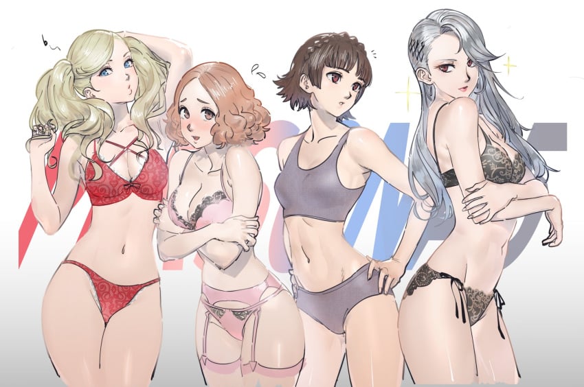 4girls ann_takamaki atlus black_bra black_panties blonde_hair blue_eyes blush blushing breasts brown_eyes brown_hair clothing crossed_arms curly_hair curvy embarrassed female female_only floofy_hair fluffy_hair hand_over_head hands_on_hips haru_okumura legs legs_together lingerie long_hair makoto_niijima matching_underwear multiple_girls persona persona_5 pink_bra pink_panties poechan posing red_bra red_eyes red_panties sae_niijima sega shiny_skin short_hair sports_bra thighs twintails underwear wavy_hair white_background wide_hips