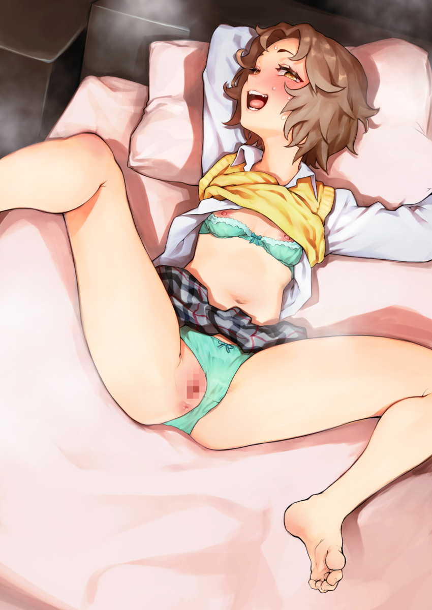 :d absurdres anus aqua_bra aqua_panties arms_behind_head ass barefoot bra breasts brown_hair censored feet female highres looking_at_viewer lying mosaic_censoring navel nipples on_back on_bed open_mouth panties pussy school_girl_strikers school_uniform short_hair skirt small_breasts smile soles solo spread_legs takamine_ako teeth tkhs toes tongue underwear yellow_eyes