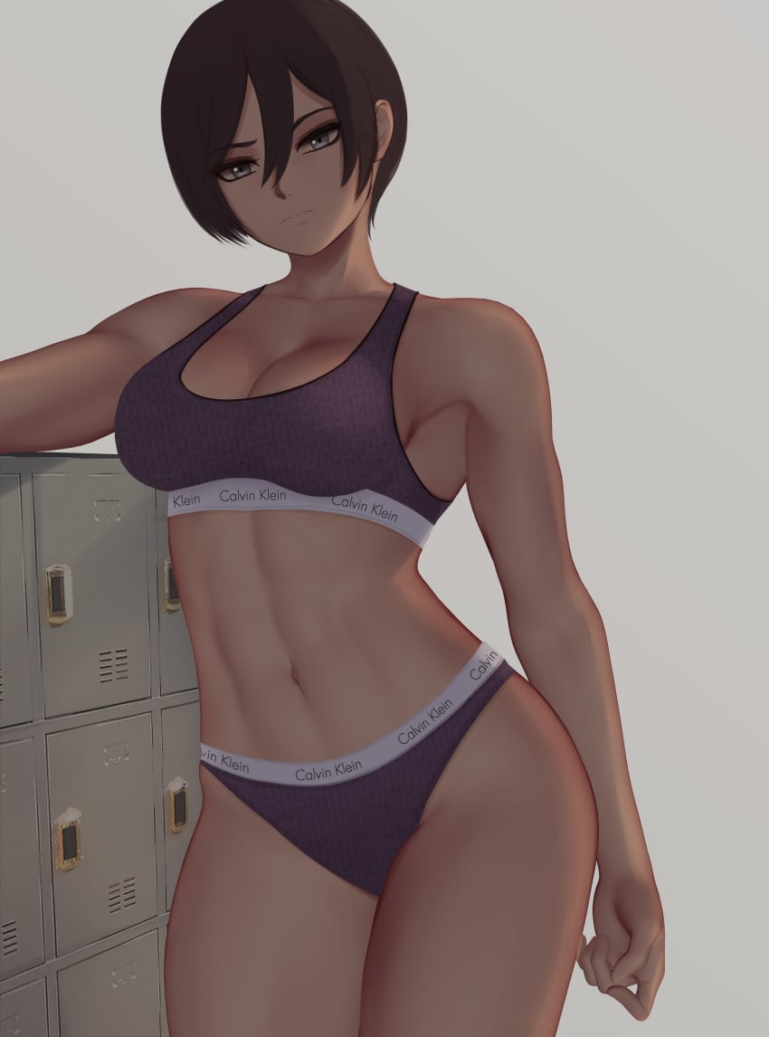 1girls asian asian_female attack_on_titan black_hair blue_eyes bra calvin_klein clothed_female female female_only fully_clothed large_breasts mikasa_ackerman panties short_hair solo underwear very_short_hair zaki_btw