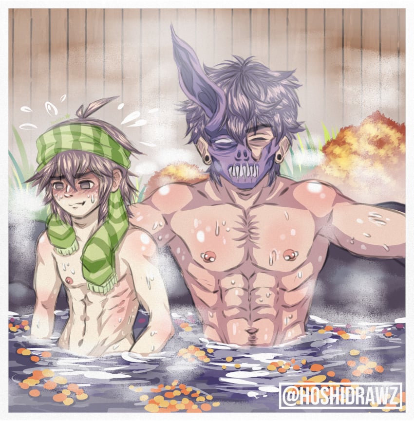 2boys abs background barbell_piercing blush brown_eyes brown_hair color corpse_husband embarrassed flustered gay happy_trail hoshiart hoshidrawz hot_spring lean_muscle male male_nipples male_only masculine mask muscles muscular_male navel nipple_piercing nude_male pecs purple_hair scarf shiny_skin six_pack size_difference slim smooth_skinned_male softcore steam sweat sykkuno twink twunk waist_up water wet yaoi