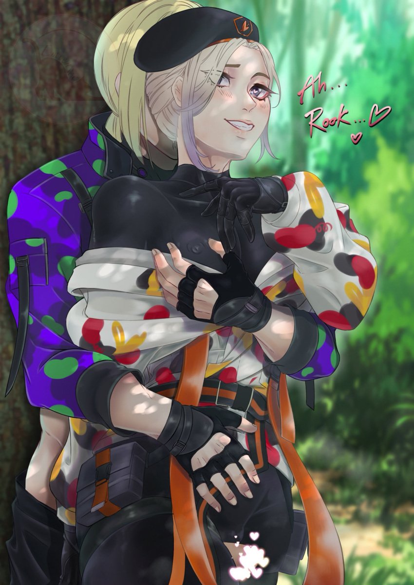 absurdres black_gloves black_legwear blonde_hair camouflage camouflage_jacket censored emienvee2811 forest gloves grabbing grabbing_from_behind grin heart heart-shaped_pupils heart_censor highres jacket leggings male_focus multicolored_hair nature outdoors purple_eyes purple_hair rook_hunt smile symbol-shaped_pupils thigh_strap thighs twisted_wonderland two-tone_hair vil_schoenheit yaoi