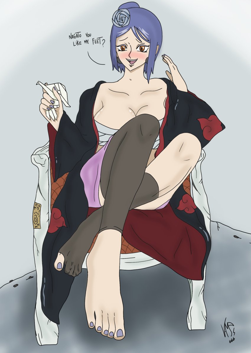 akatsuki_(naruto) barefoot big_breasts blue_hair embarrassed feet female hair_flower konan makeup nagato naruto naruto_shippuden orange_eyes origami socks solo toes