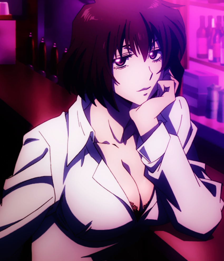 big_breasts black_bra black_hair blood_blockade_battlefront blush bob_cut bra breasts chain_sumeragi cleavage dress_shirt female female_only kekkai_sensen shirt white