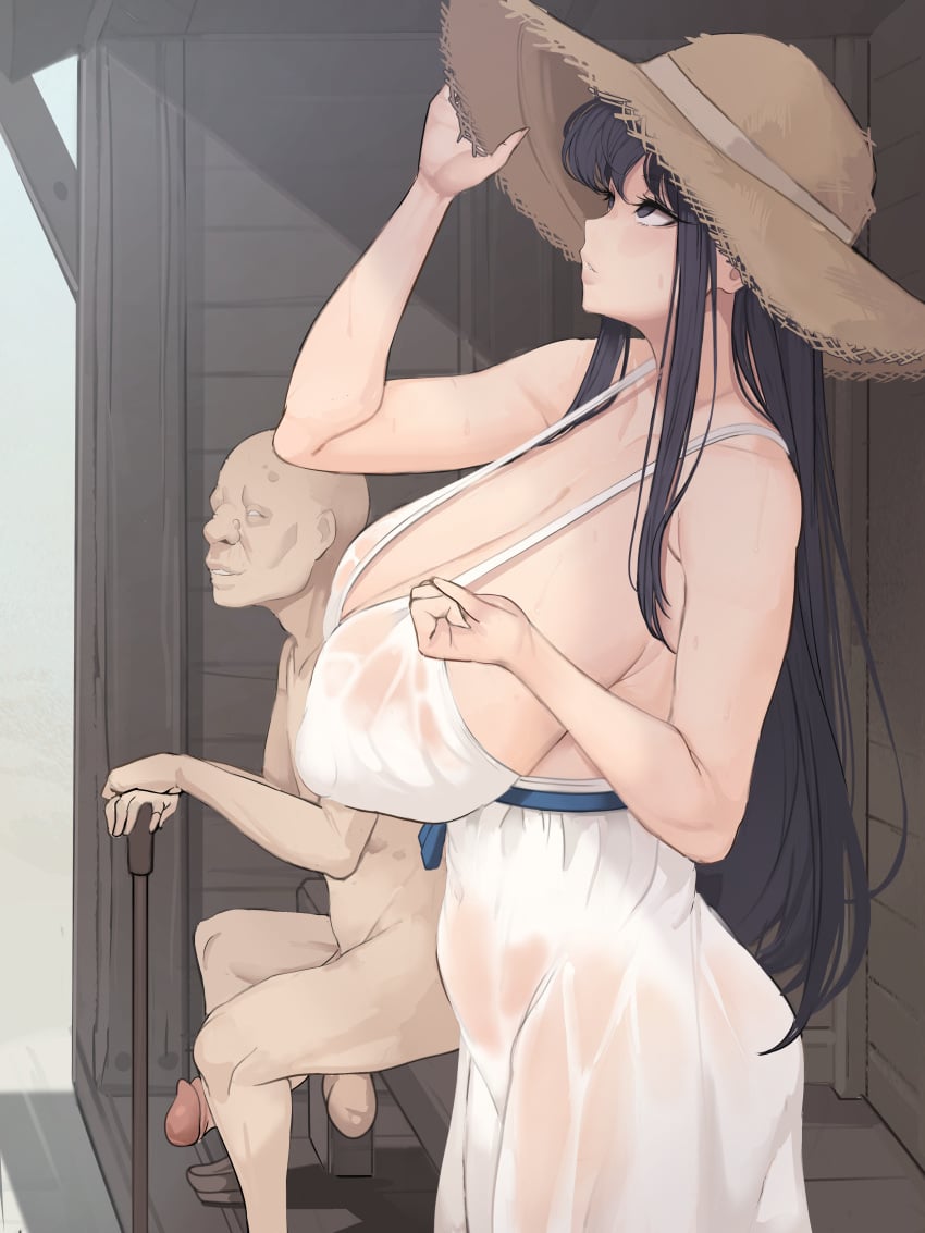 1boy 1girls absurd_res areolae ass bangs bare_shoulders black_eyes black_hair blush breasts breasts_bigger_than_head choker clavicle cleavage dress edit erect_nipples erect_nipples_under_clothes expressionless female groin hat hi_res huge_breasts imminent_rape imminent_sex komi-san_wa_komyushou_desu komi_shouko large_breasts long_hair looking_at_viewer metal_owl navel nipples no_bra nude old_man older_male penis ponytail purple_eyes see-through simple_background solo standing sundress tied_hair ugly_man uncensored underwear voluptuous younger_female