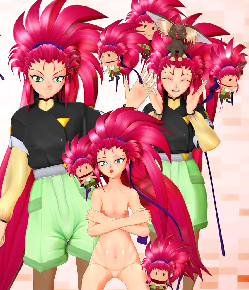 3d 3d_(artwork) 3d_model banchouforte blender breasts embarrassed female long_hair mascot naked puppet red_hair ryo-ohki tenchi_muyo! washu_hakubi