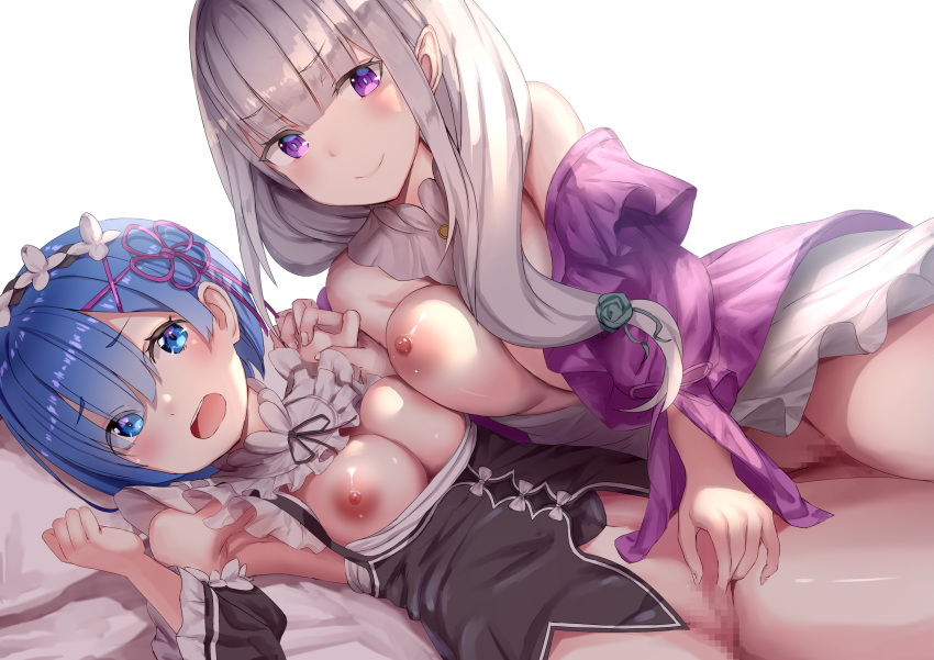 2girls breasts censored emilia_(re:zero) fingering fingering_partner mosaic_censoring pussy re:zero_kara_hajimeru_isekai_seikatsu rem_(re:zero) tomaco yuri