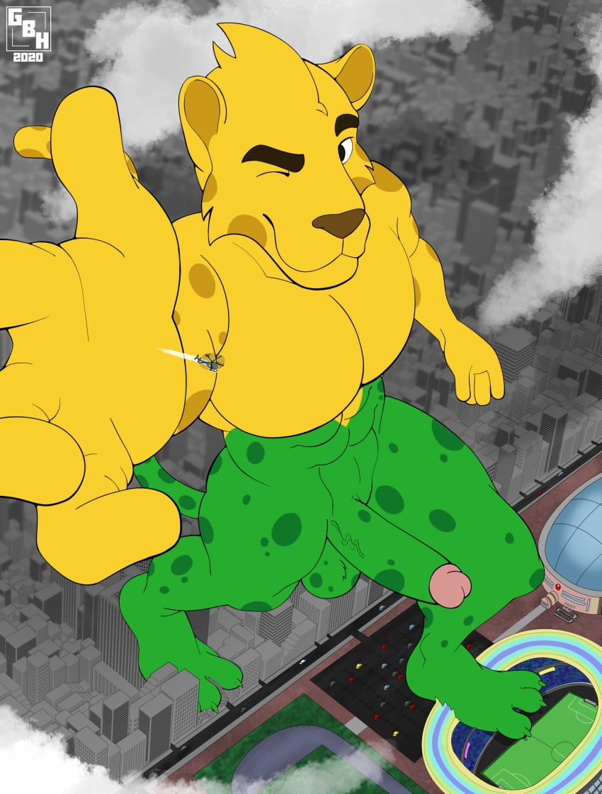 abs absurd_res anthro balls felid genitals giantboonehusky_(artist) hi_res macro male mammal mascot micro muscular muscular_anthro muscular_male olympics pecs penis solo