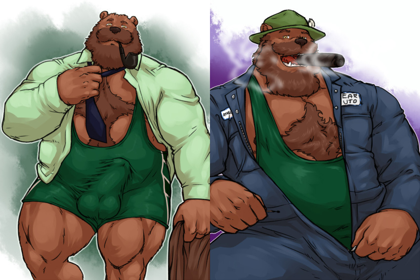 1boy 2012 3:2 5_fingers anthro athelstan balls_outline beard biceps biped blue_clothing body_hair brown_bear brown_body brown_fur brown_nose bulge chest_hair cigar clothed clothing digital_drawing_(artwork) digital_media_(artwork) erection facial_hair fangs fingers fur genital_outline green_clothing grisser grizzly_bear hair hairy hat headgear headwear hi_res looking_at_viewer male mammal mature_anthro mature_male moustache multiple_images musclegut muscular muscular_anthro muscular_male necktie open_mouth overalls partially_clothed penis_outline shaded simple_background sitting slightly_chubby smoke smoke_from_mouth smoking smoking_pipe solo solo_male standing suit teeth tongue topwear undressing ursid ursine wrestling_singlet yellow_eyes