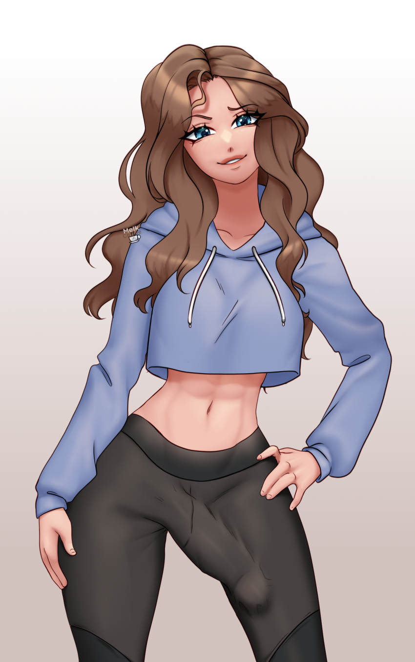 abs big_breasts big_penis blue_eyes brown_hair bulge bulge_down_leg cameltail crop_top_hoodie elf elisia_oc fully_clothed futa futa_only futanari leggings melkcoffee smirk solo_futa