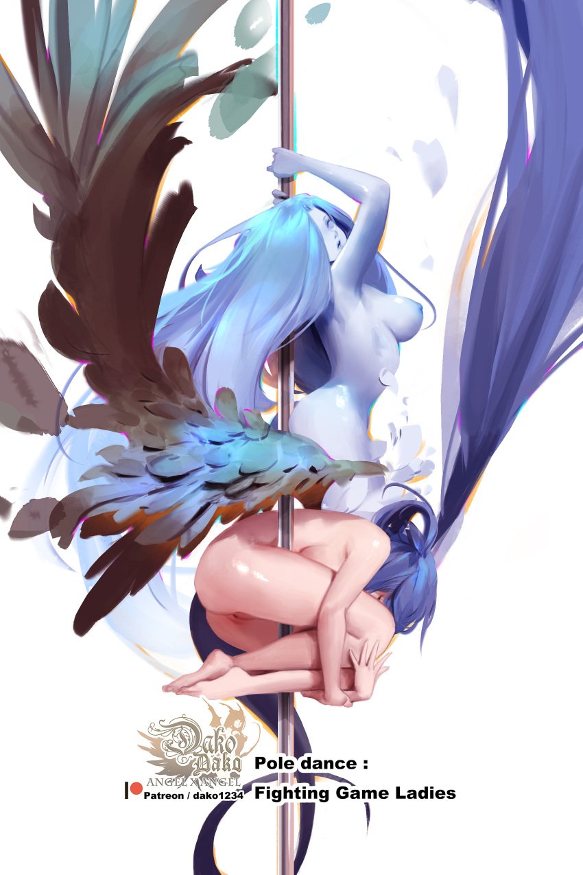 2girls ass blue_hair blue_skin breasts dizzy_(guilty_gear) feathered_wings feathers guilty_gear hu_dako multiple_girls nipples pale_skin pole pole_dancing pussy sideboob tagme undine_(guilty_gear)