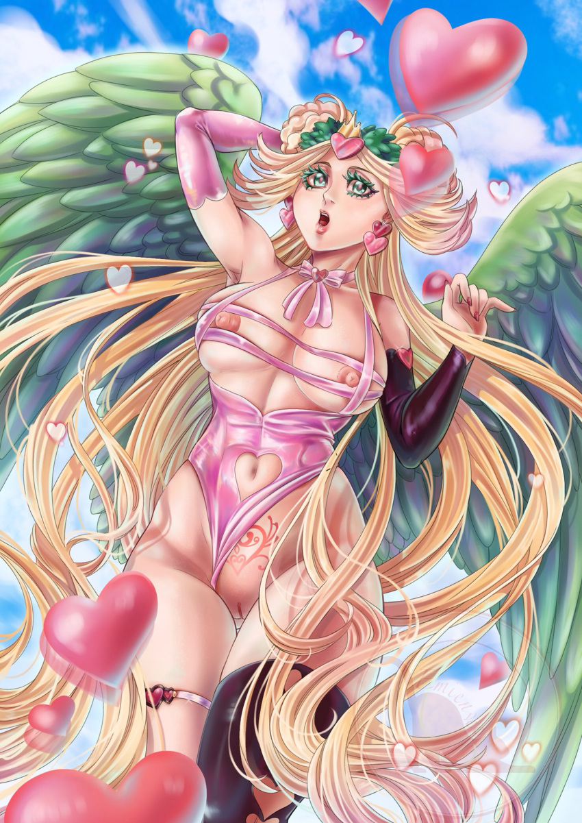 1girls big_breasts blonde_hair bodysuit crotch crush_crush emienvee2811 fanart green_eyes heart heart_tattoo nipples pink_nipples pussy q-pernikiss sad_panda_studios wings