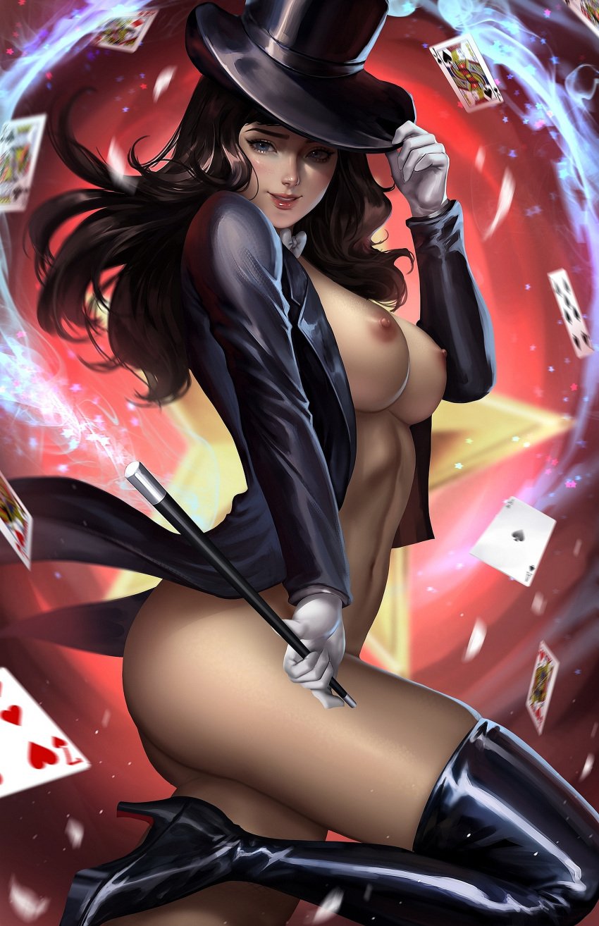 blush breasts dc exposed_breasts female functionally_nude hat long_hair looking_at_viewer magic magic_wand nipples nopeys playing_card solo superheroine thigh_boots top_hat zatanna zatanna_zatara