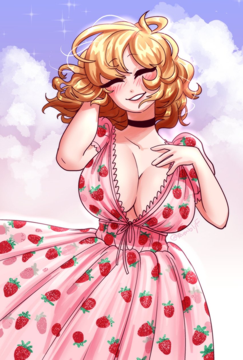 1girls big_breasts blonde_hair blush blushing_at_viewer breasts choker cleavage closed_eyes clothed clothing dress female female_only fully_clothed large_breasts pink_dress rumblyf smile solo strawberry_dress sundress