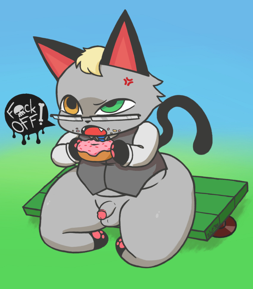 angry animal_crossing anthro bench blonde_hair cat_ear clothed clothing cross-popping_vein dessert domestic_cat doughnut eyewear felid feline felis flaccid food fur genitals glasses grey_body grey_fur hair heterochromia hi_res long_tail male male_only mammal mitten_hands nintendo on_bench partially_clothed pawpads paws penis pink_pawpads profanity raymond_(animal_crossing) sitting small_penis solo speech_bubble thick_thighs topwear video_games zlut385