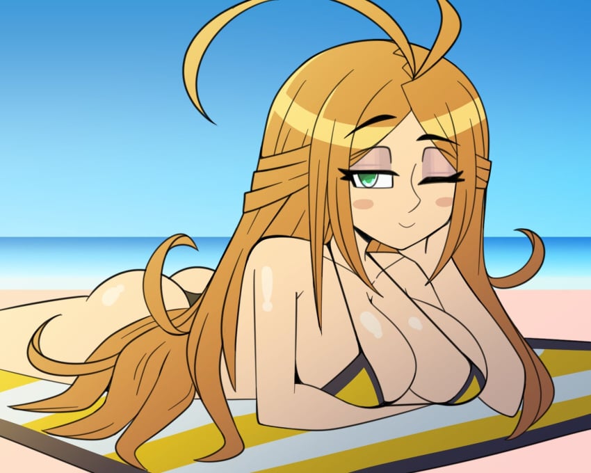 ass azure_striker_gunvolt beach breasts female green_eyes gunvolt jomokin laying_down looking_at_viewer nike_(gunvolt) one_eye_closed