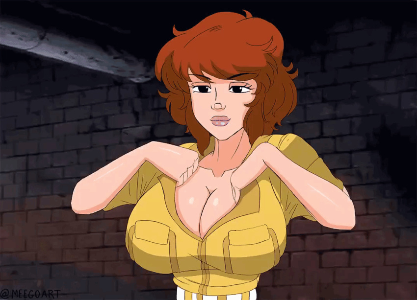 1boy 1girls animated april_o'neil april_o'neil_(tmnt_1987) ass back backboob belt big_breasts bob_cut bouncing_breasts breasts cleavage exposed_breasts female female_focus flashing foot_clan foot_ninja gif hourglass_figure human jiggle jumpsuit large_breasts lipstick meegol open_shirt opening_shirt orange_hair outerwear pale_skin presenting presenting_breasts red_hair seductive shirt_pull smiling solo_focus surprised teenage_mutant_ninja_turtles tmnt_1987