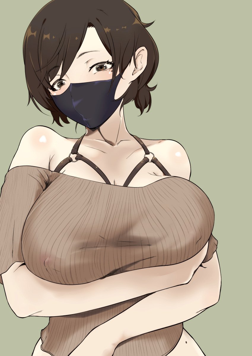 1girls 2021 arm_under_breasts bare_shoulders breasts face_mask female female_focus female_only gakeppuchi_no_kaede looking_at_viewer mask masked original original_character short_hair simple_background solo solo_focus upper_body