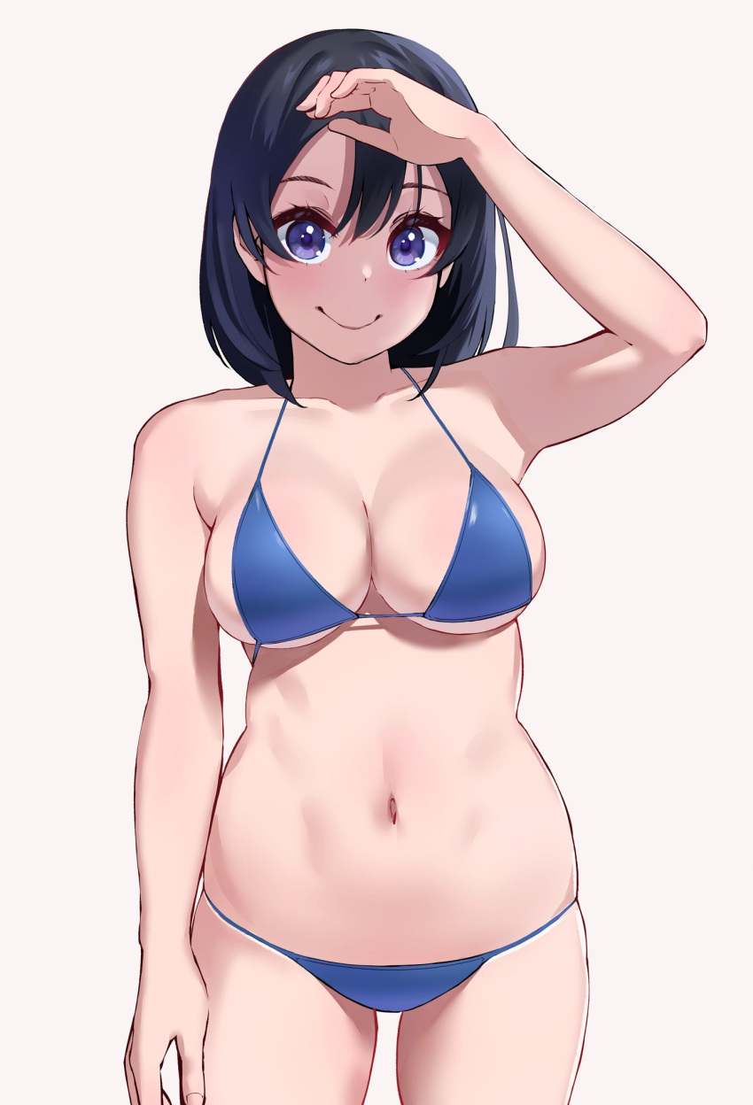 bikini black_hair blue_bikini breasts cleavage collarbone cowboy_shot female highres igarashi_kyouhei large_breasts looking_at_viewer love_live! love_live!_sunshine!! love_live!_sunshine!!_the_school_idol_movie_over_the_rainbow lowleg lowleg_bikini medium_hair navel purple_eyes shading_eyes short_hair simple_background solo swimsuit watanabe_tsuki white_background