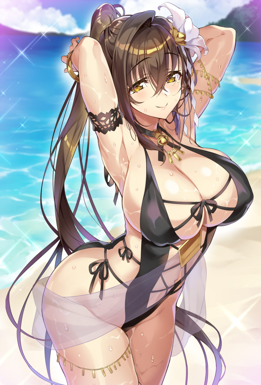 1girls alternate_costume armlet armpits arms_up ass bangs beach blush bracelet brown_eyes brown_fur brown_hair cleavage cloud day female flower gan_(shanimuni) hair_ornament highres huge_breasts jewelry kanpani_girls long_hair looking_at_viewer navel necklace ocean one-piece_swimsuit outdoors ponytail sand shirayuri_sakura sidelocks sky smile solo swimsuit wet yellow_eyes