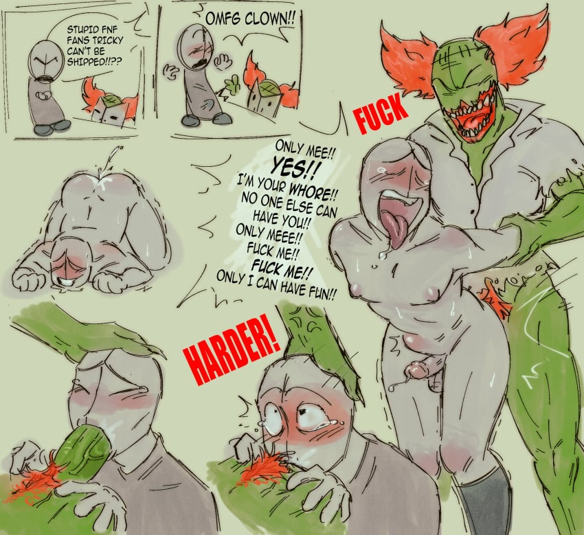 ahe_gao anal anal_sex bald big_penis blowjob bulge clothed clown comic consensual cum cum_in_ass curvy deepthroat dripping_cum fellatio femboy forced_oral from_behind from_behind_position front_view gay genital_fluids green_skin grunt_(madness_combat) hands_behind_back long_nails madness_combat male male/male male_only muscular muscular_male no_humans non-human non-human_only on_all_fours orange_hair pubic_hair red_hair red_pubic_hair ripped_clothing shaking standing standing_sex stomach_bulge text trembling tricky_the_clown veiny_penis yaoi zombie