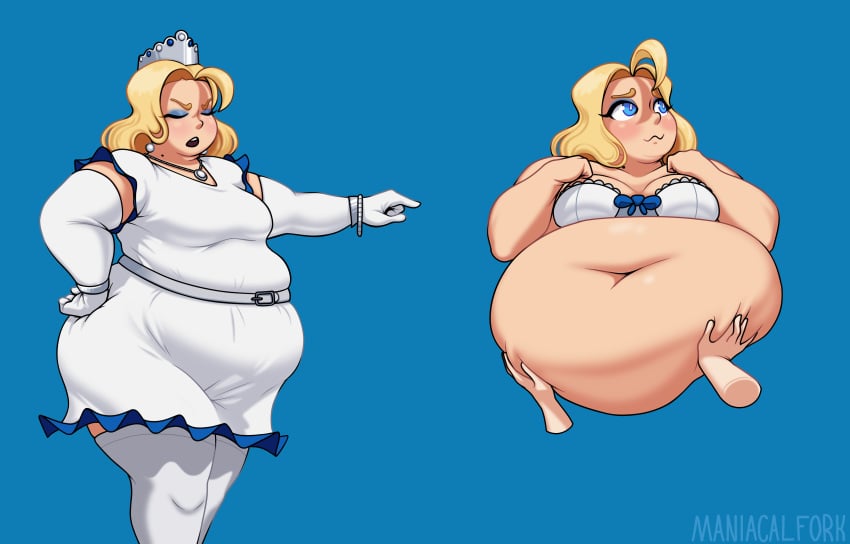 1girls belly belly_button belly_grab belt big_belly blonde_hair blue_background blue_eyes blush bra bracelet closed_eyes clothed clothing crown cute dress embarrassed eyelashes eyeshadow female female_focus floating_hands gloves hair hands hands_on_belly long_hair long_sleeves looking_away maniacalfork mole necklace original original_character overweight pointing princess ribbon royalty thick_thighs thighhighs tight_clothing tight_fit watermark