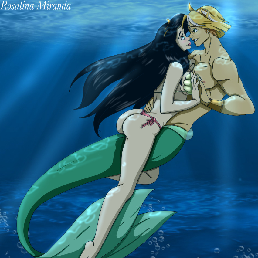 1boy 1boy1girl 1girls aqua_eyes ass bikini black_hair blonde_hair bubble_butt dat_ass disney freediving imminent_kiss long_hair looking_at_each_other melody_(disney) merfolk merman mshowllet ocean seashell_bra short_hair swimming swimsuit the_little_mermaid the_little_mermaid_(1989_film) the_little_mermaid_ii:_return_to_the_sea underwater voluptuous