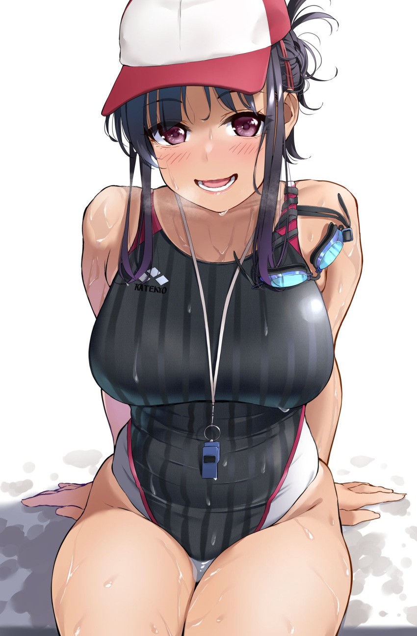 background black_hair breasts brown_eyes commentary_request competition_swimsuit cowboy_shot curvy eyewear_removed female goggles goggles_removed highres igarashi_kyouhei large_breasts long_hair looking_at_viewer one-piece_swimsuit original plump sidelocks simple_background sitting smile solo striped striped_swimsuit swimsuit thick_hips thick_thighs voluptuous wet whistle whistle_around_neck white